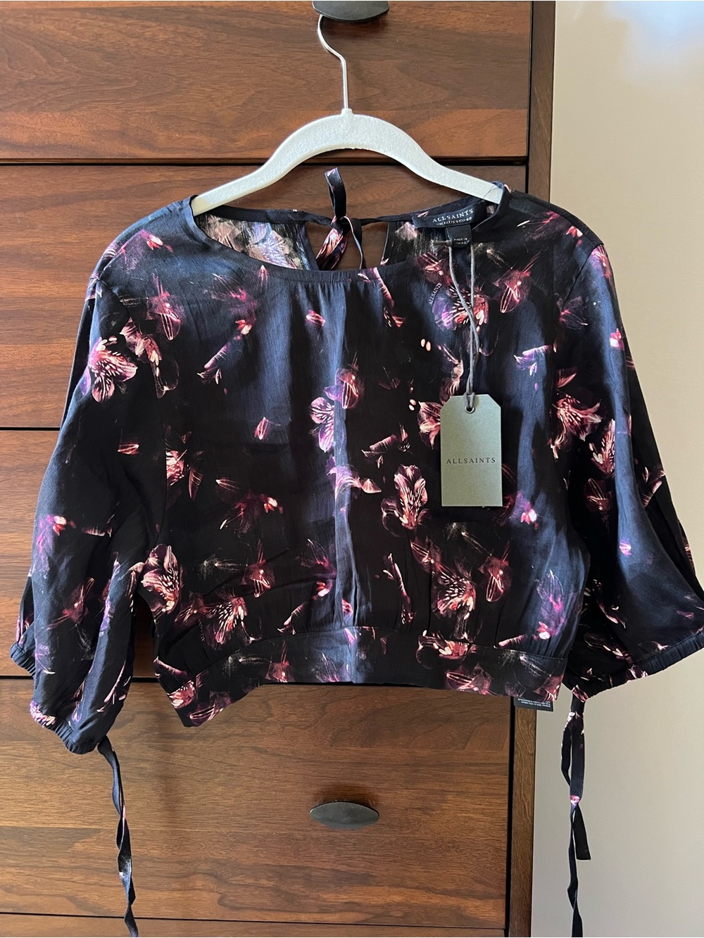 AllSaints Black Floral Tie-Cuff Crop Blouse